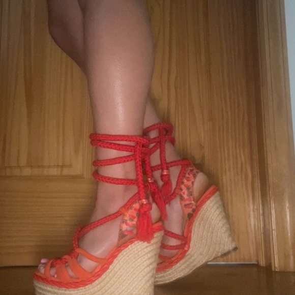Vintage Dior Tahiti Gladiator Espadrille Sandals Orange Red Pre-Owned 37 1/2 - Picture 6 of 16